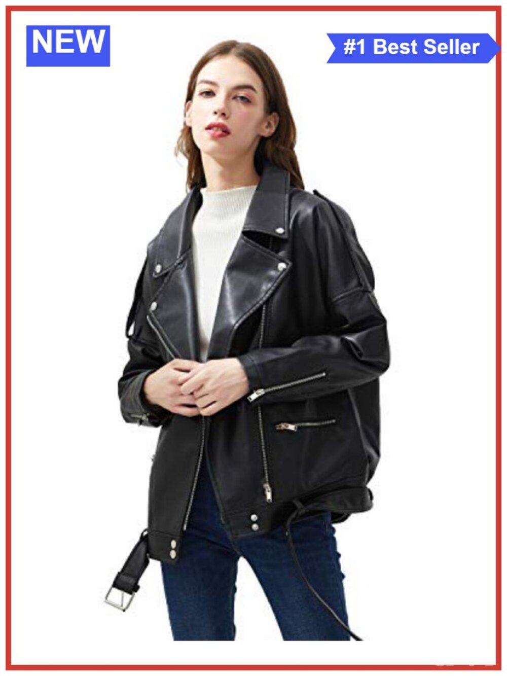 Faux Leather Moto Biker Jacket Belted Zip Short Coat
